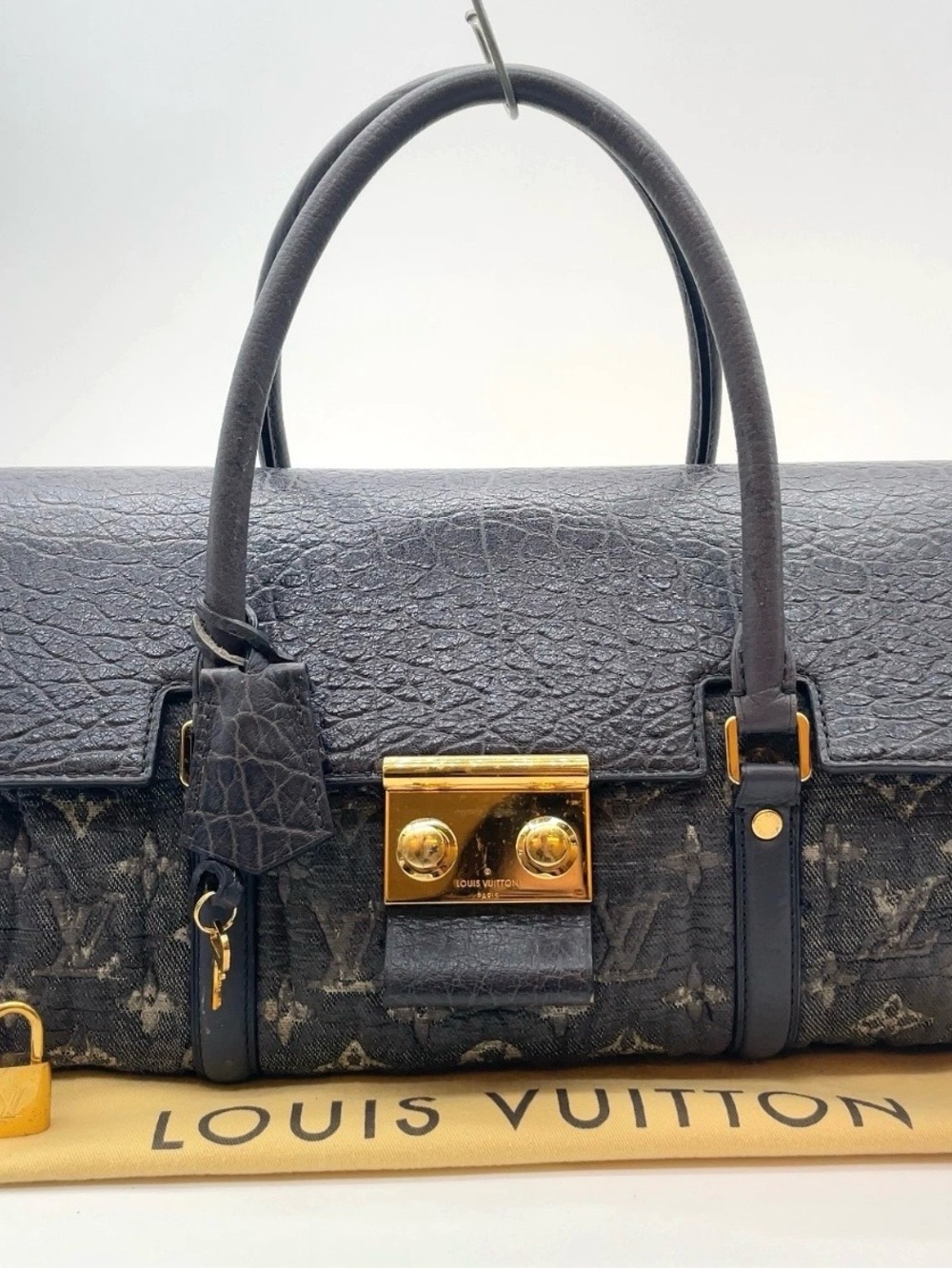 Louis Vuitton Black Monogram Denim Satchel with Gold Hardware